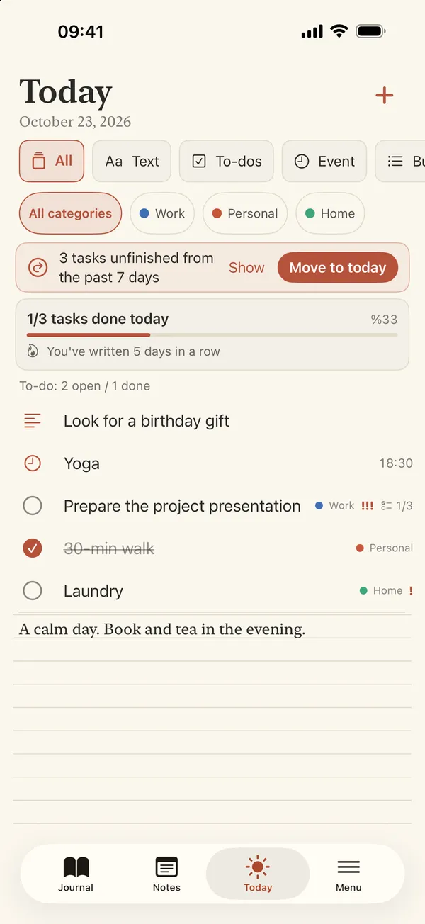 Today screen with filters, daily progress and a banner offering to move unfinished tasks to today