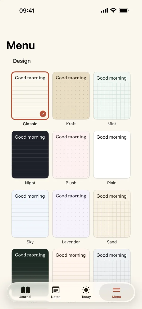 Design picker showing paper styles such as Classic, Kraft, Mint and Night